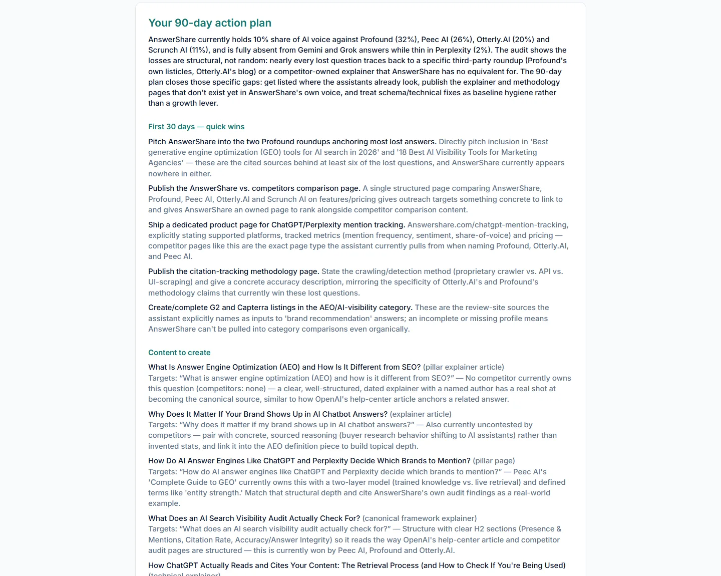 AEOSearch 90-day action plan: content briefs and third-party placement targets derived from lost questions