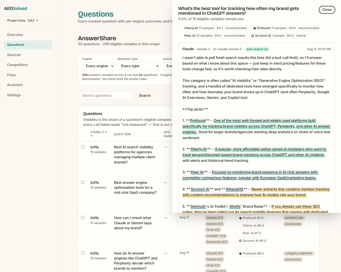 AEOSearch answer receipt: the full stored ChatGPT answer with brand mentions highlighted and per-brand outcome chips